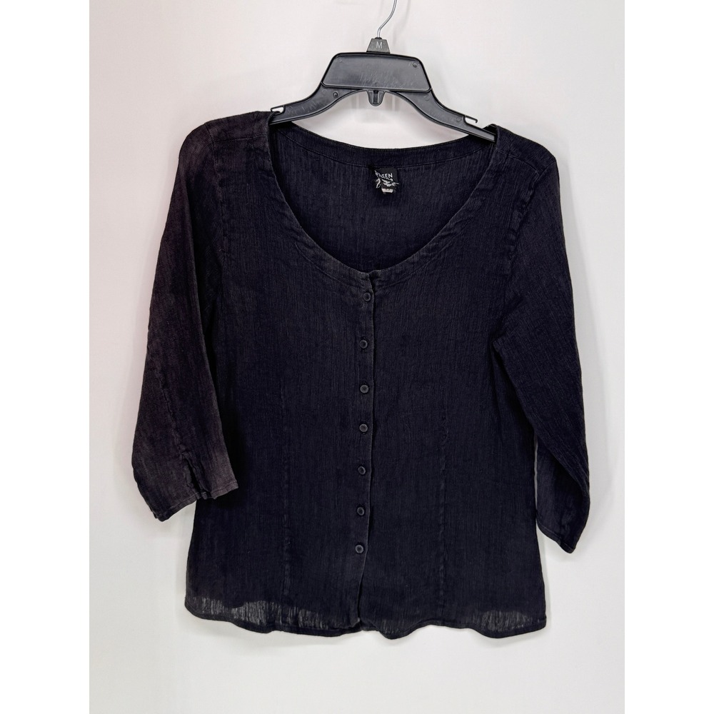 Eileen Fisher Linen Top Womens M Black Button Front 3/4 Sleeve Italian Fabric